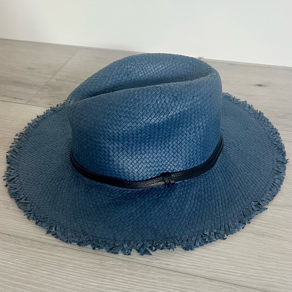 BCBG Maxazria Blue Woven Straw Hat with Black Band